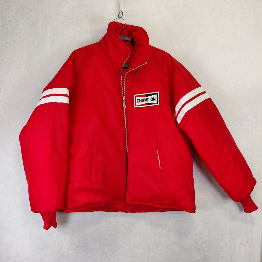 Vintage Champion Official Racing Apparel Red Puffer Jacket Mens Large Striped